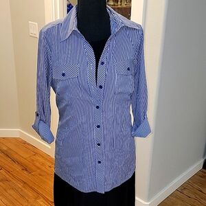 Elementz Royal Blue & Cream Pinstripe Long Sleeve Button Down Blouse (S)